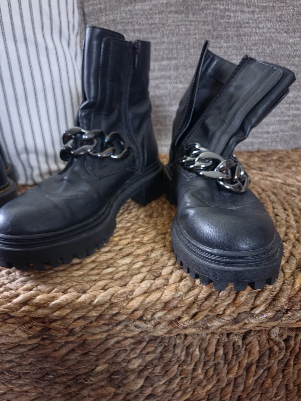 Black Leather Platform Chelsea Boots with Silver Chain Trim